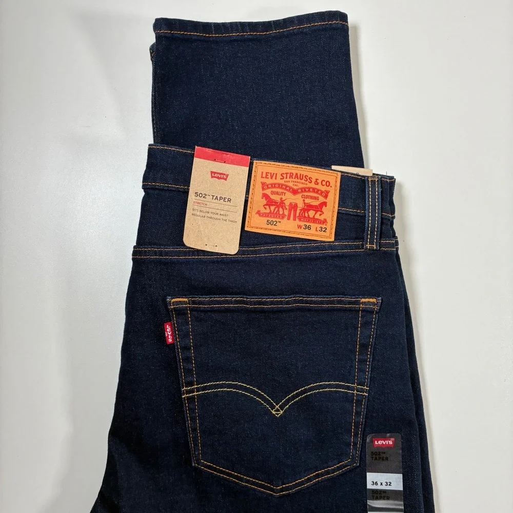 NEW Levi's 502 Taper Jeans 36x32 Dark Wash Indigo Blue Stretch USA Cowboy